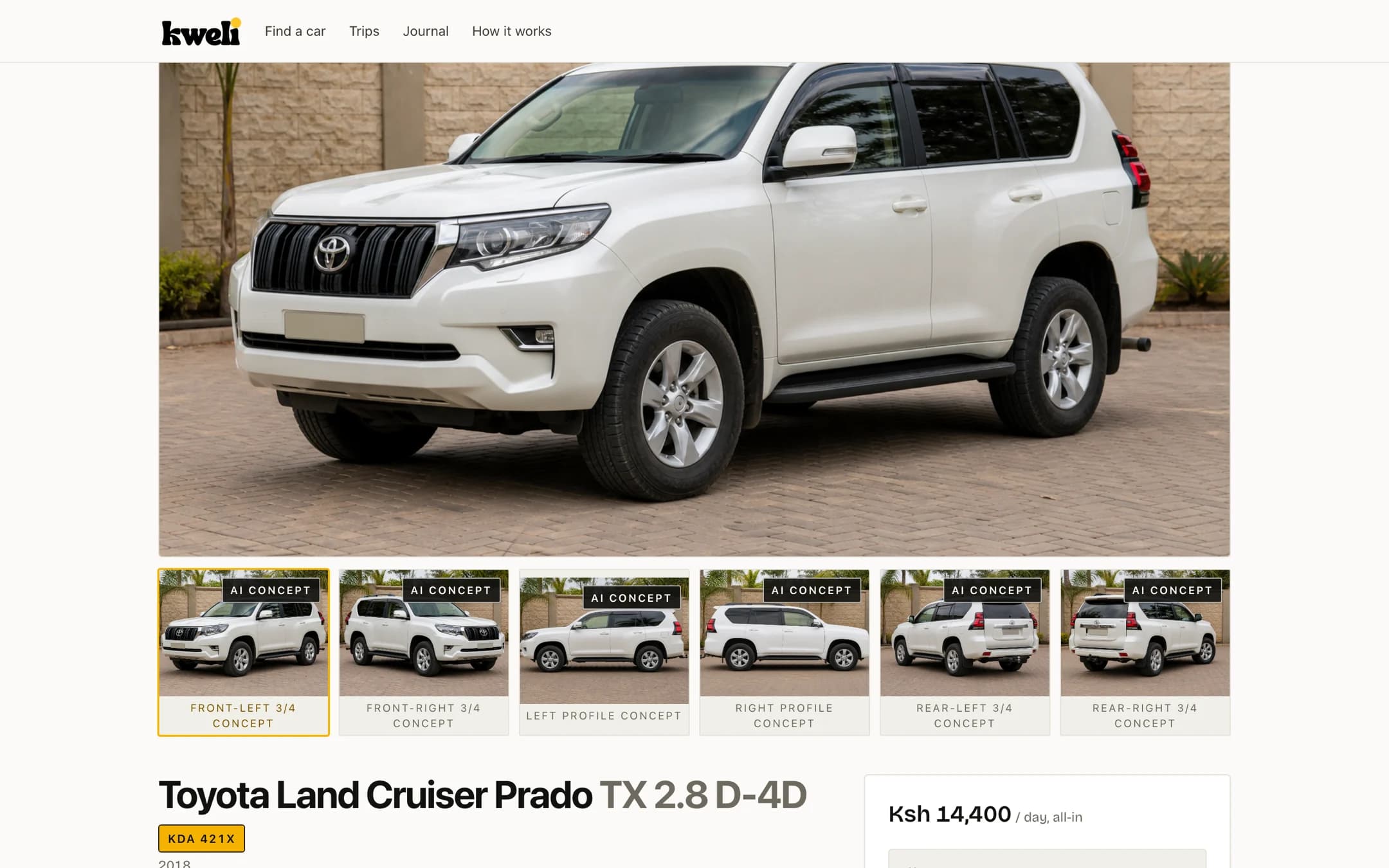 Kweli vehicle page showing a Toyota Land Cruiser Prado with its number plate and six fixed photo angles