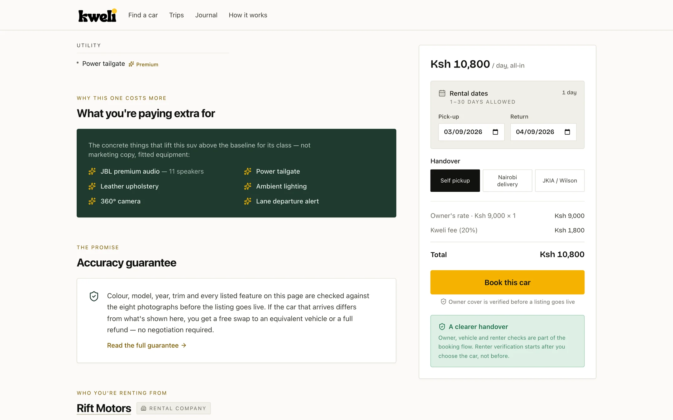 Kweli vehicle page showing fitted premium equipment alongside an itemised owner rate, platform fee and total