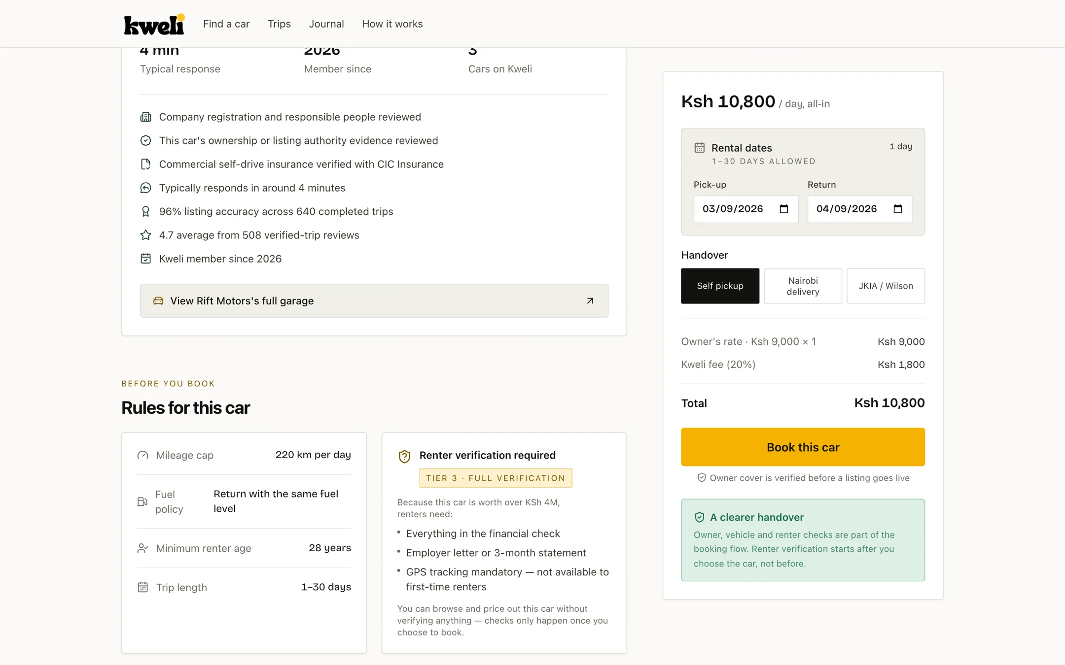 Kweli vehicle page showing owner checks alongside the tier three renter verification card and mandatory GPS tracking
