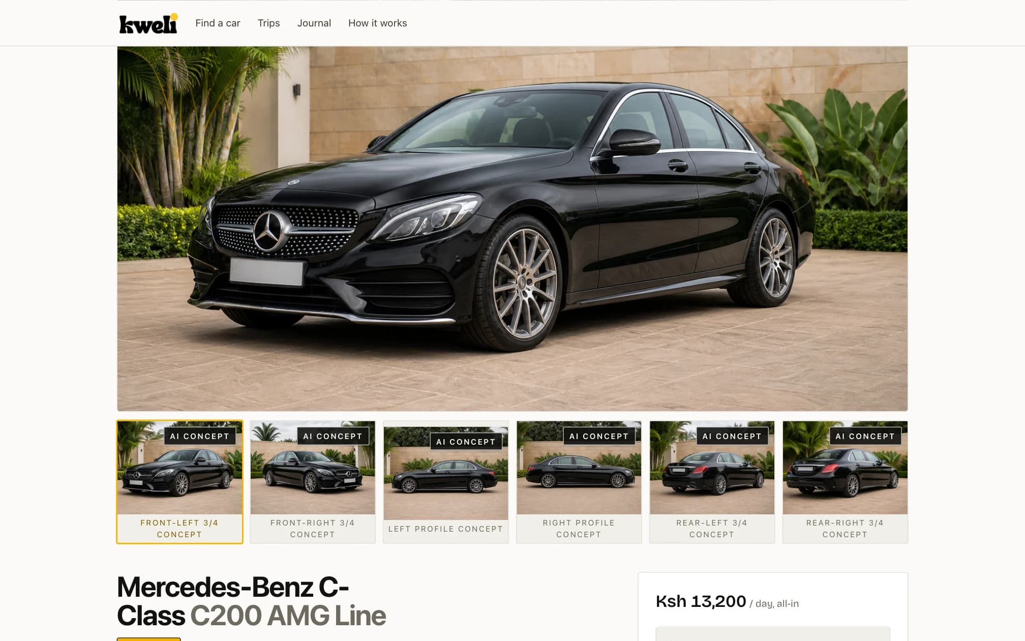 Kweli vehicle page showing a Mercedes-Benz C-Class with its number plate and six fixed photo angles