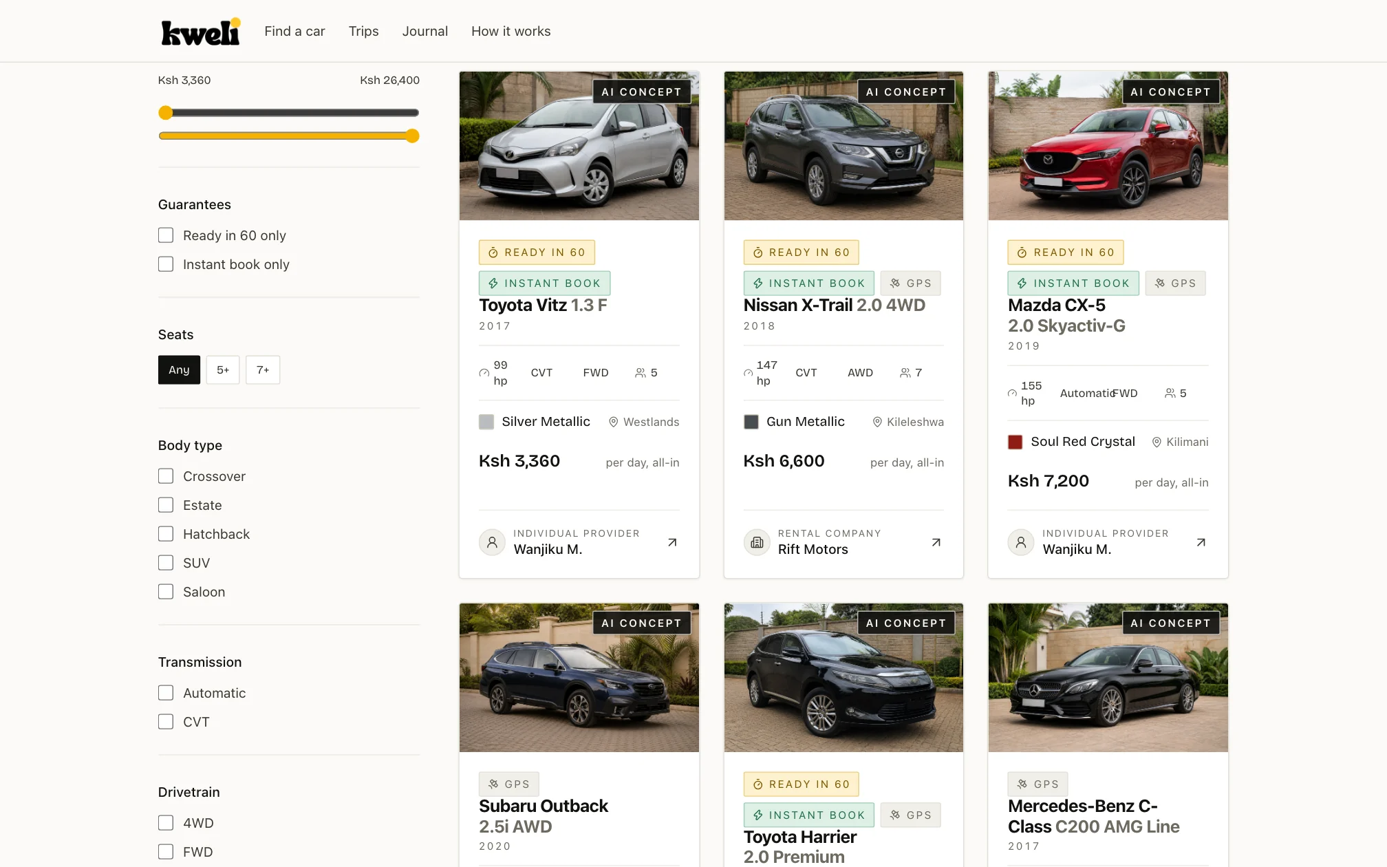 Kweli search results showing filters beside specific Nairobi vehicles with power, colour, location and all-in daily prices