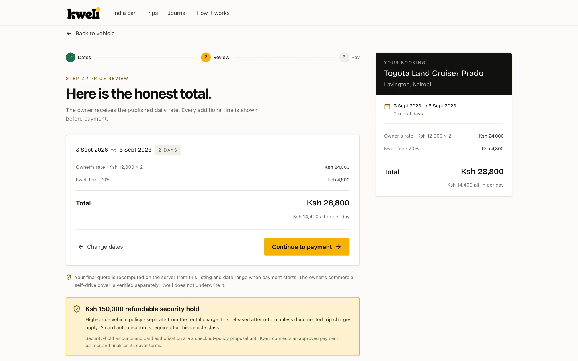 Kweli booking review step showing an itemised owner rate, platform fee, total and a separately stated refundable security hold