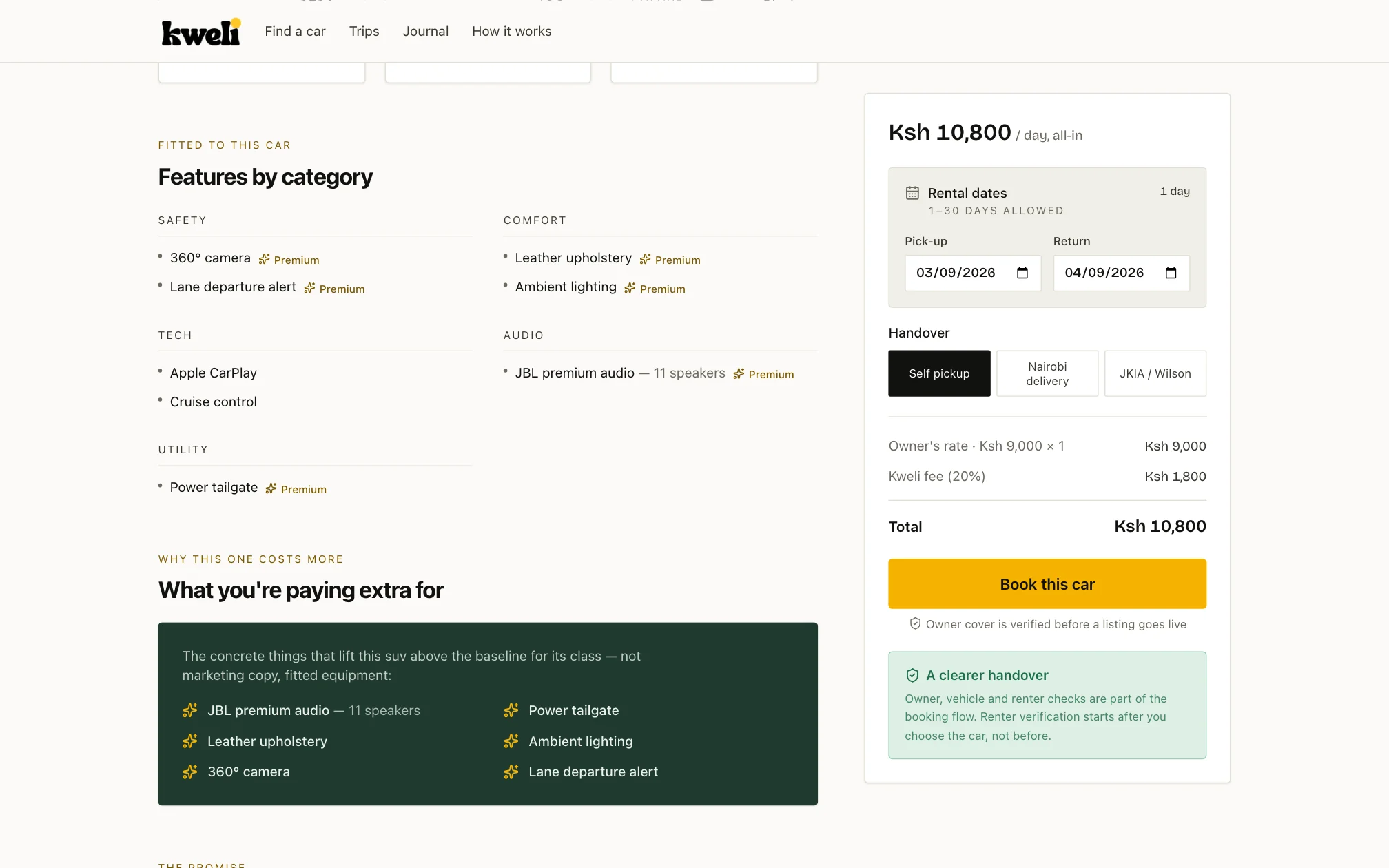 Kweli vehicle page listing fitted features by category and the specific equipment that raises the price above the class baseline