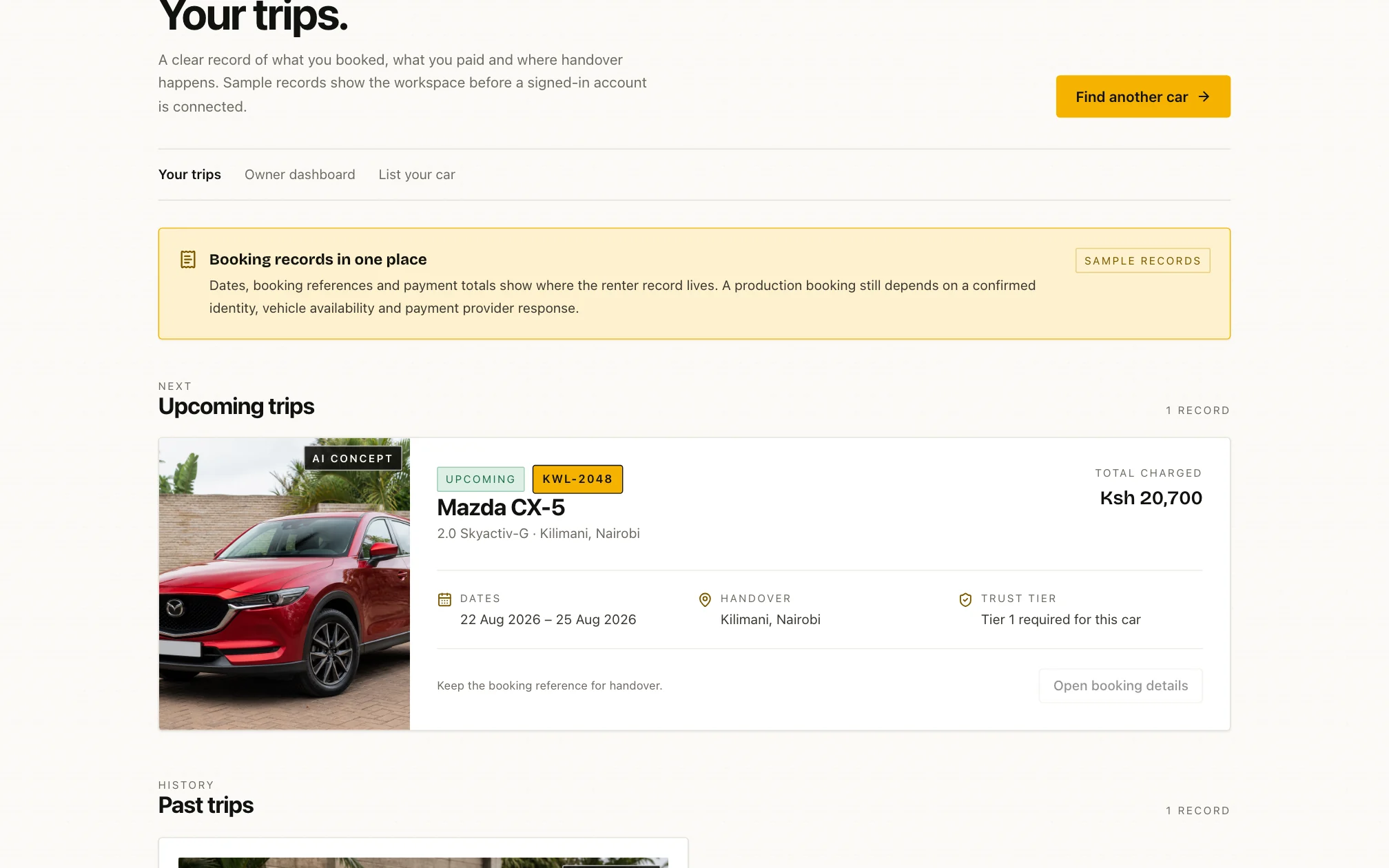 Kweli trips page showing an upcoming booking with its reference, dates, total charged, handover location and trust tier