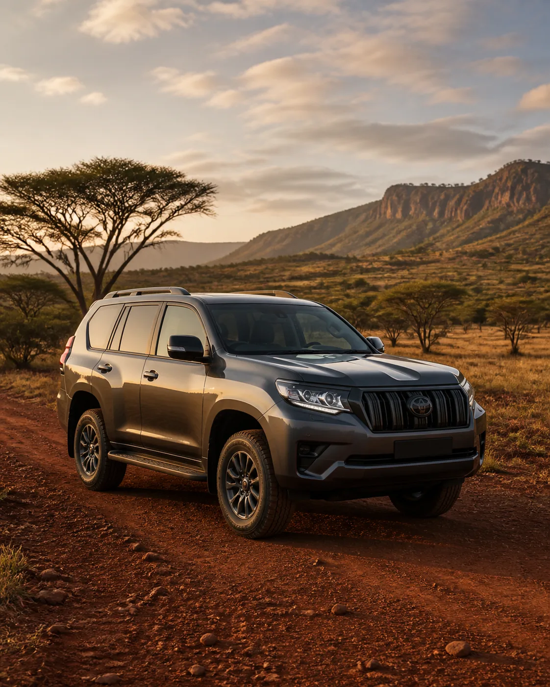A Toyota Land Cruiser Prado on a Kenyan dirt road at golden hour